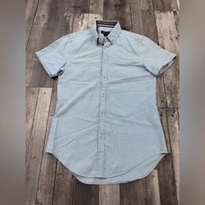 Zara Mens Slim Fit Short Sleeve Shirt Collar Blue Navy White Dots Small Classic